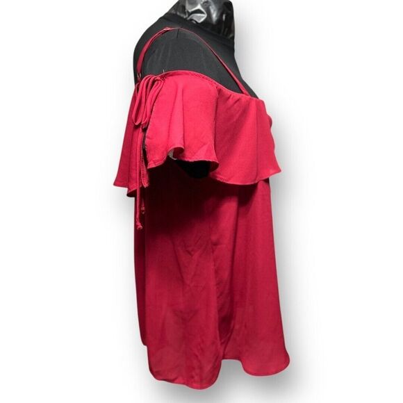 Torrid 2X Red Georgette Cold Shoulder Ruffle Blouse Flowy Romantic Holiday Fairy - Picture 5 of 10